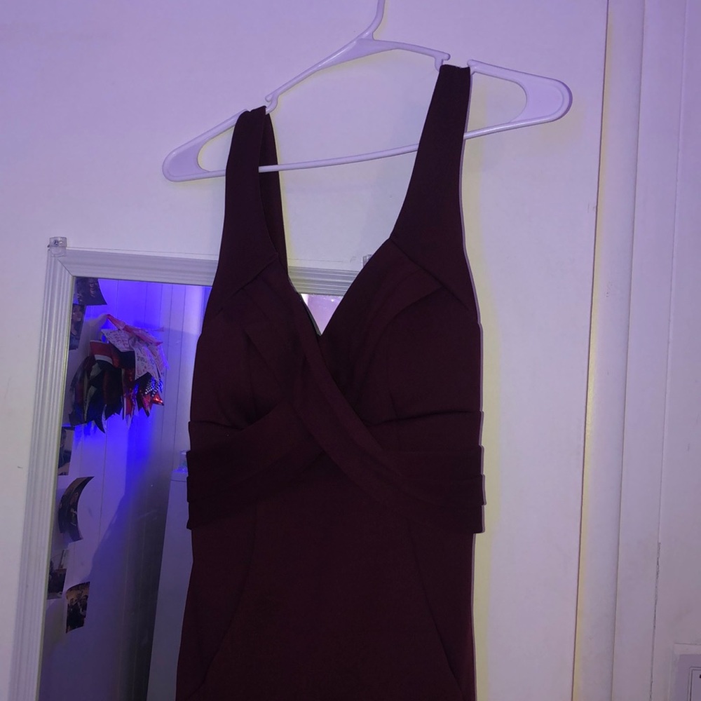 burgundy body con prom dress with a slit